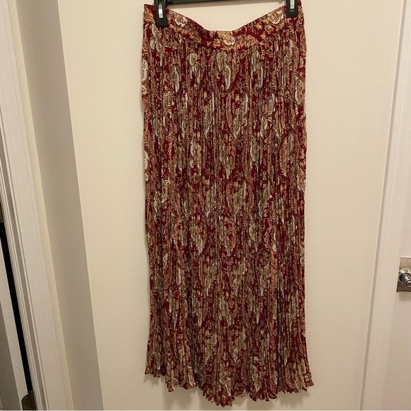 Rusty Red Multi Color Printed Pleated Long Size Large Skirt w/ Elastic Waist - Picture 1 of 5